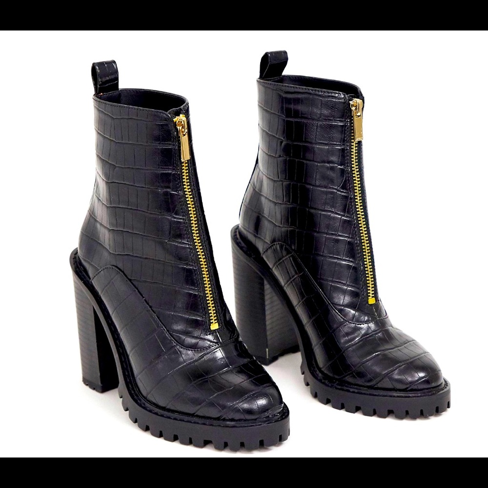 ASOS Design Wide Fit Bella Front zip Chunky Boots in Black Croc